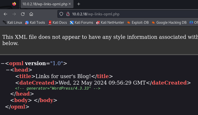 Versión de WordPress expuesta por wp-links-opml.php
