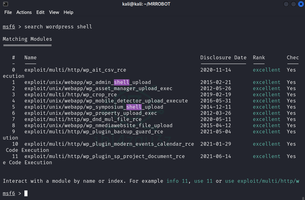 Búsqueda de módulos para WordPress en Metasploit