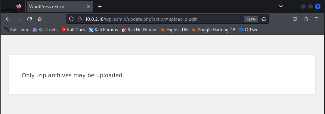 Mensaje de error al intentar cargar la reverse shell
