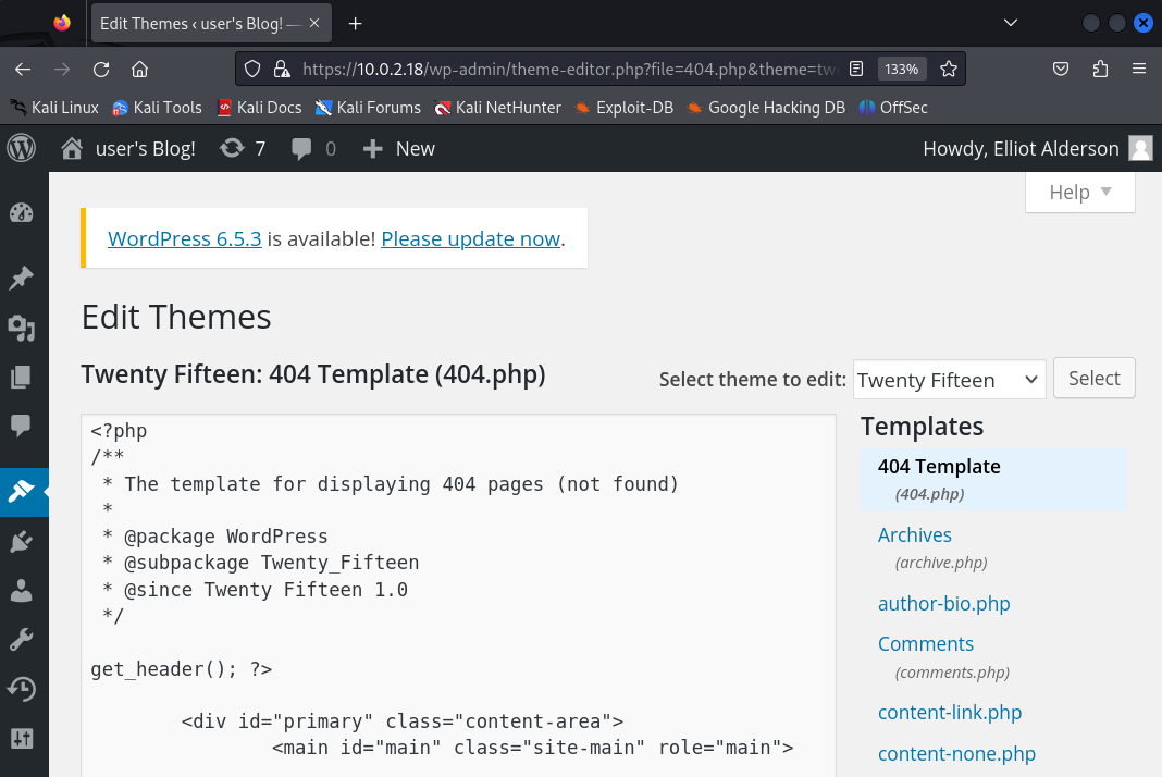 Editor del archivo 404.php del tema de WordPress