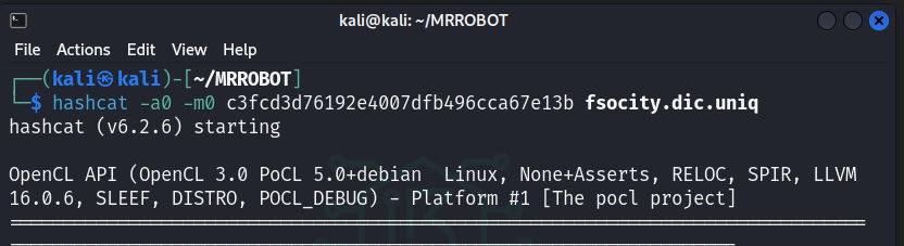 Ataque de diccionario contra el hash MD5 con Hashcat