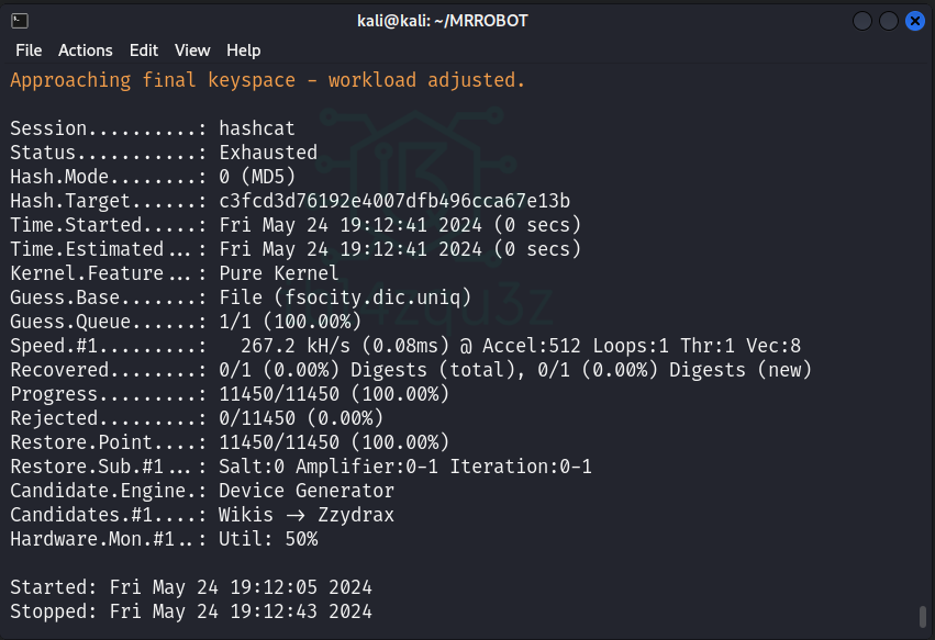 Primer ataque de Hashcat sin resultados